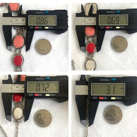 Sterling Silver 925 Chunky Mother Of Pearl Pink Red Rolo Chain Panel Necklace - Picture 9 of 16